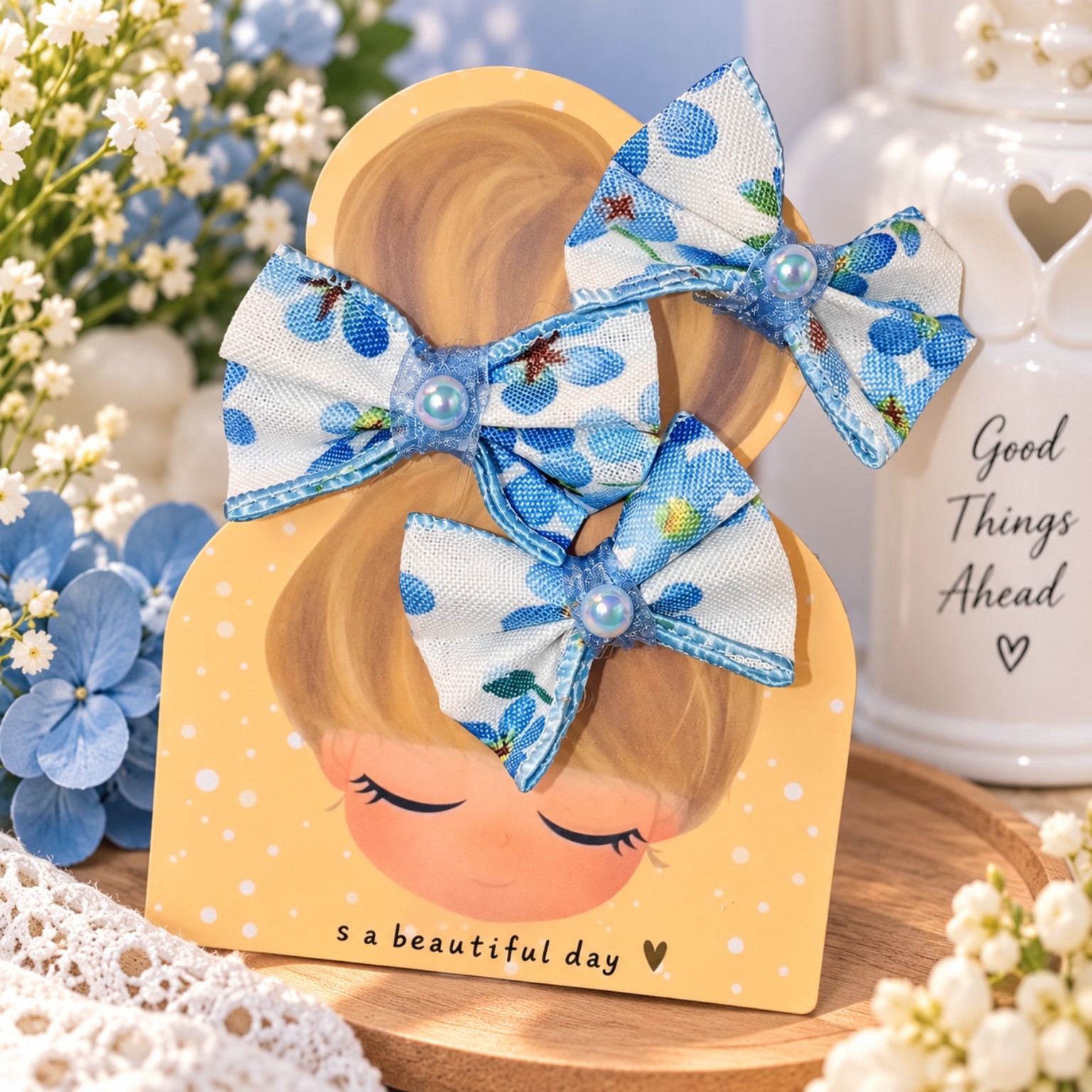 Par de lazos medianos azules con estampado floral