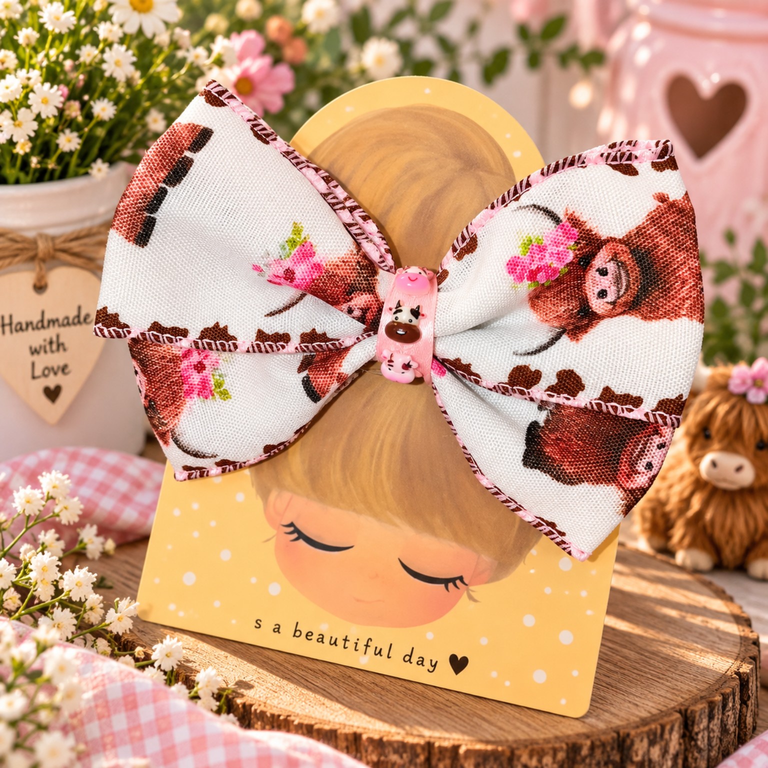 Lazo grande blanco con estampado de personaje y detalles rosados