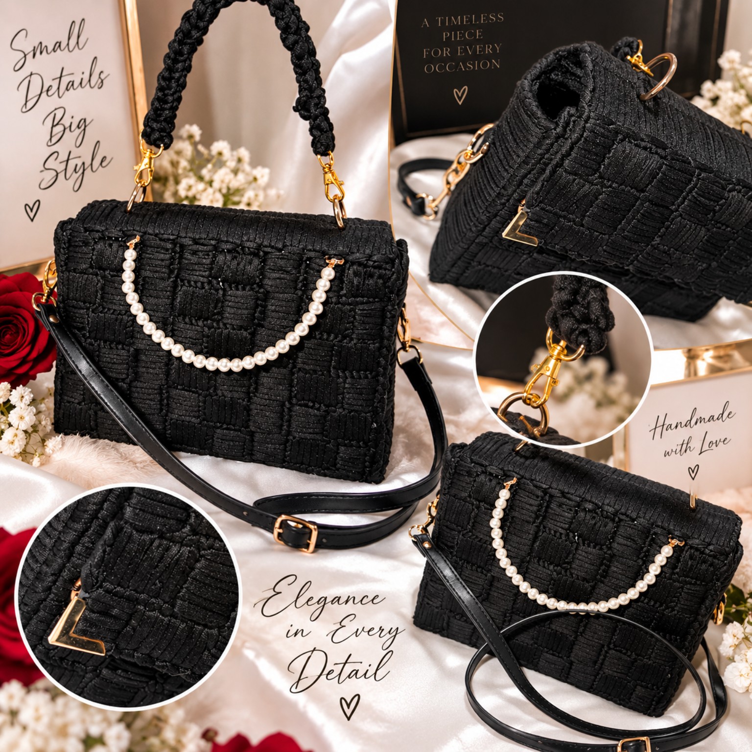 Bolso negro tejido a mano con cadena de perlas y detalles dorados