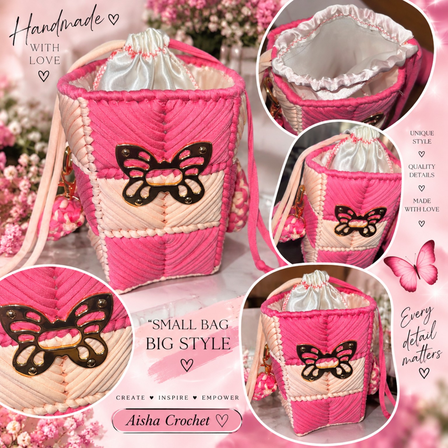 Bolso rosa tejido a mano con detalle de mariposa